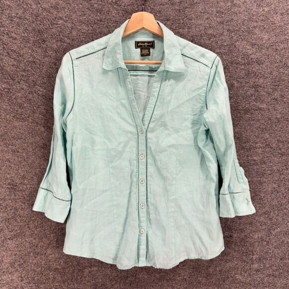 Eddie Bauer Shirt Women M Medium Blue Button Up Collared Linen Long Sleeve - Picture 1 of 6